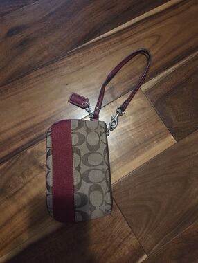 Coach Signature Canvas Wristlet in Brown with Red Stripe